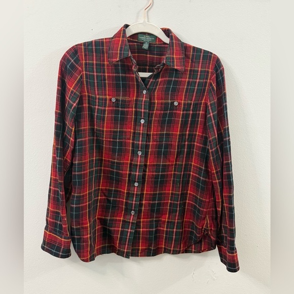 Ralph Lauren Jeans Tops - Lauren Ralph Lauren Flannel Button Front Shirt Petite Small Red Plaid Cotton